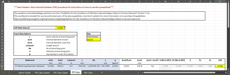 Screen shot of the Flow Induced Vibration Calculation Excel document